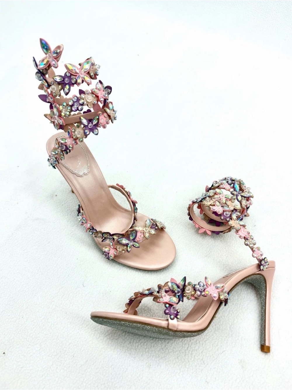 Rene Caovilla Pink Sheepskin Colorful Rhinestone Thong Sandal Heels EU37 NIB